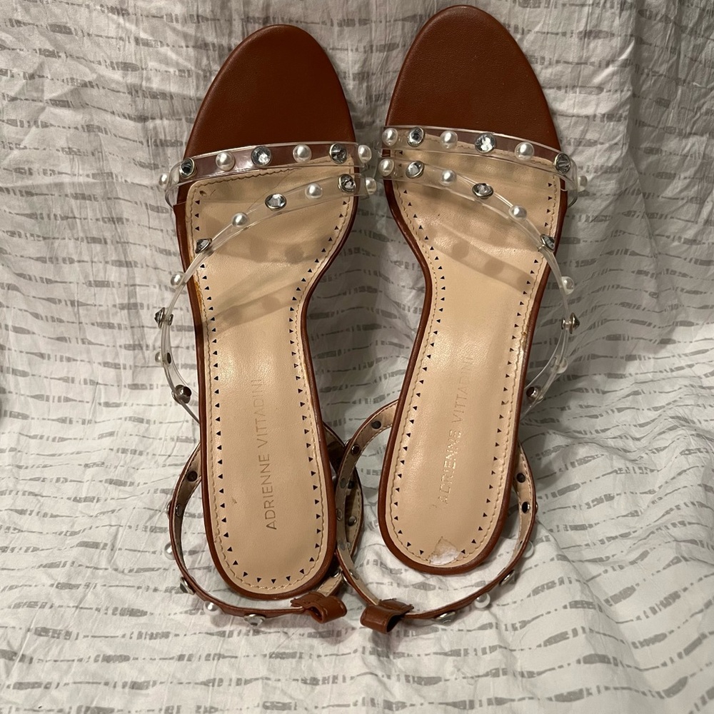 Adrienne Vittadini Glow-2 Strappy Crystal Sandal Heels in Cognac
